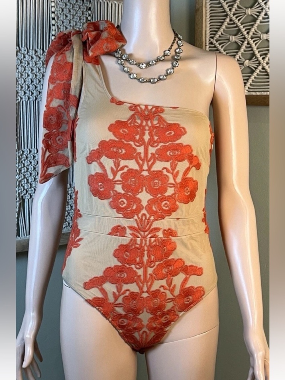 NWT For Love and Lemons Temecula One Shoulder Bodysuit Red/Nude - Picture 3 of 14